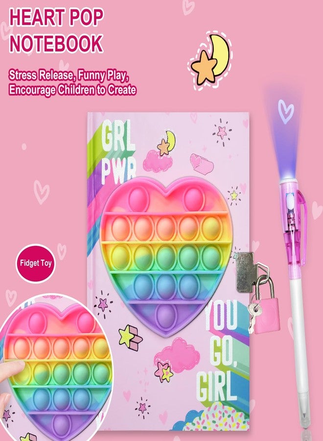 GINMLYDA Pop Girls Diary with Lock and Invisible Ink Double-end Pen, 7.5x5.4” 160 Lined Page Fidget Colorful Heart Girls Journal for Kids Secret Notebook Pen Set Birthday Gifts for Girls 5 6 7 8 9 10 Years Old - Image 3